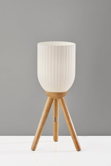 Natural Solid Wood Tripod Table Lamp With White Ribbed Glass Shade